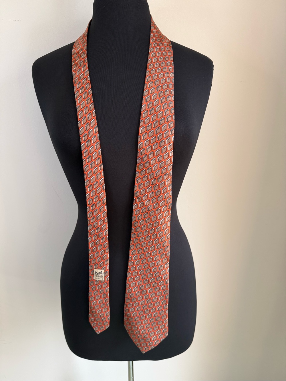 Hermes Orange Luggage Print Silk Tie